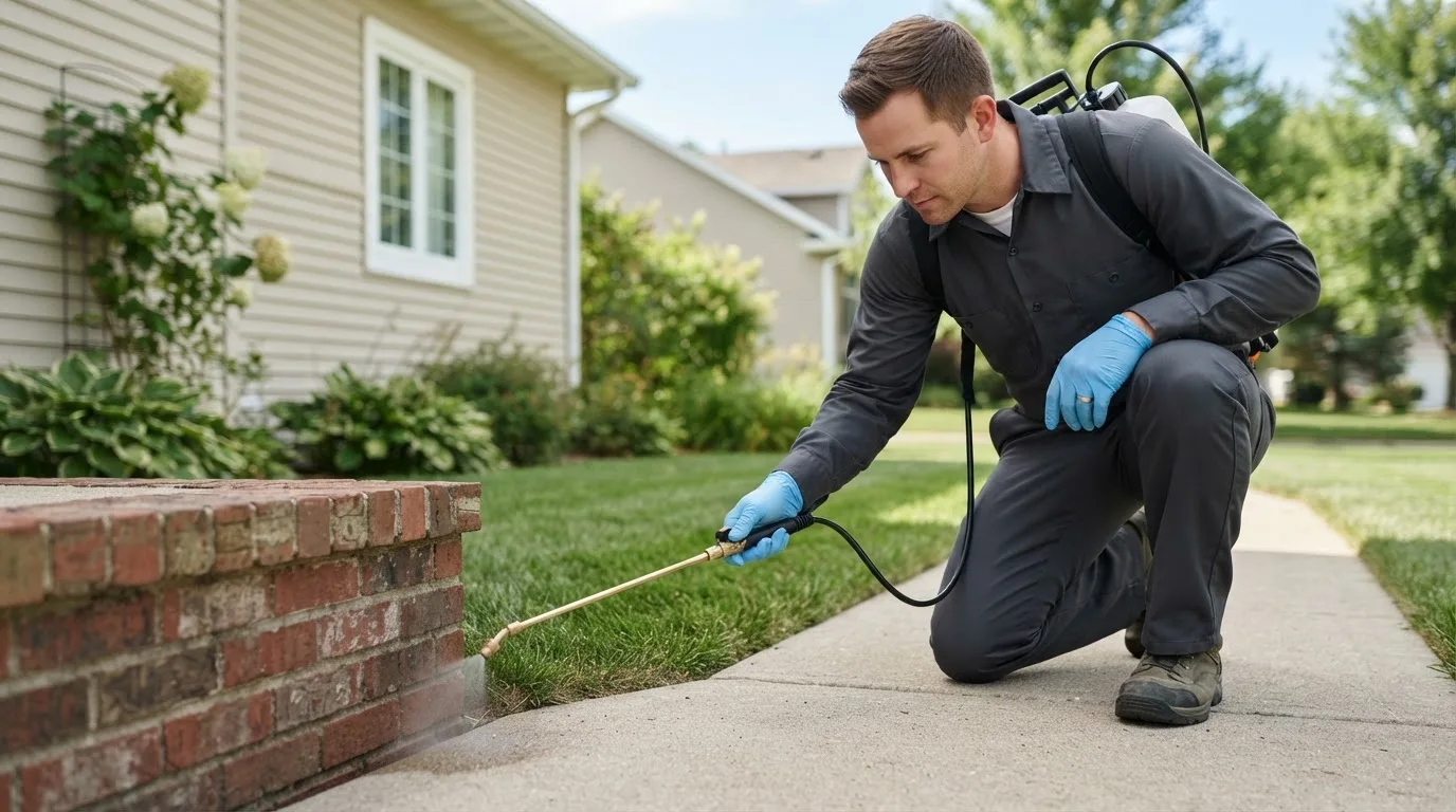 Pest control technician treating a home near Lacon, IL